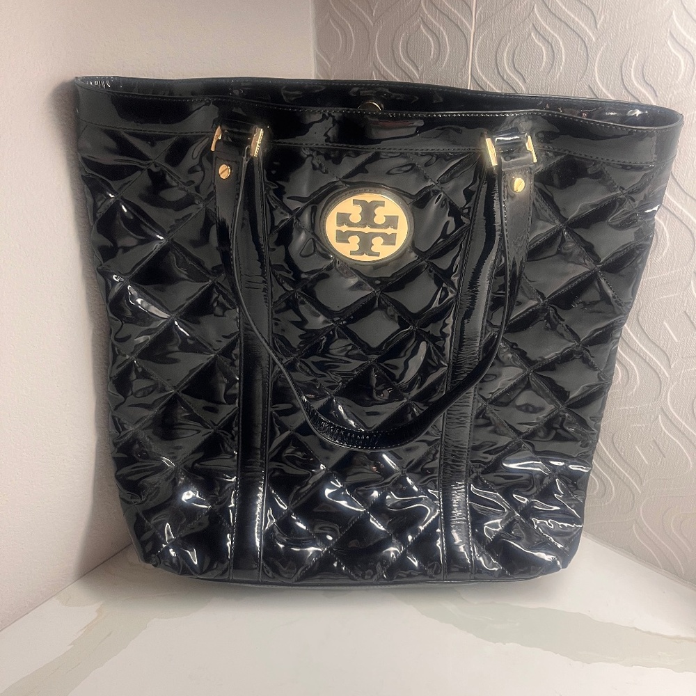 Tory Burch Black Patent Quilted Tote